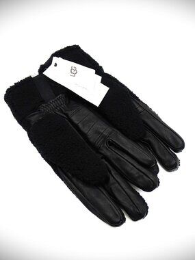 UGG Genuine Black Leather & Faux Fur Polyester Sherpa Gloves Sz XL
